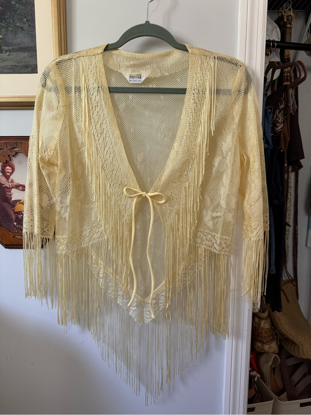 Montgomery Ward Fringe Open Knit Tie-Front Top in Pale Yellow Vintage!